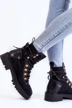 Sale Damskie Ocieplane Botki Sznurowane Czarne Jesse Damskie Damskie Trapery|Botki Sznurowane