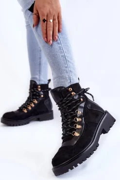 Sale Damskie Ocieplane Botki Sznurowane Czarne Jesse Damskie Damskie Trapery|Botki Sznurowane