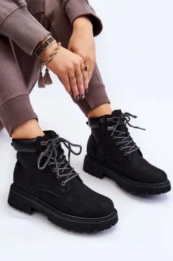 Discount Damskie Ocieplane Botki Trapery Sznurowane Czarne Halfway Damskie Damskie Trapery|Botki Sznurowane