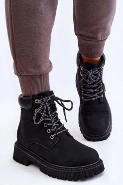 Discount Damskie Ocieplane Botki Trapery Sznurowane Czarne Halfway Damskie Damskie Trapery|Botki Sznurowane