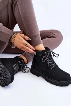 Discount Damskie Ocieplane Botki Trapery Sznurowane Czarne Halfway Damskie Damskie Trapery|Botki Sznurowane
