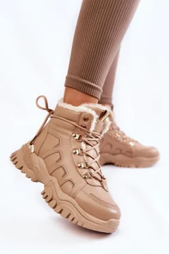 Damskie Trapery|Botki Sznurowane>Evento Damskie Ocieplane Botki Trapery Na Platformie Beżowe Ofelia