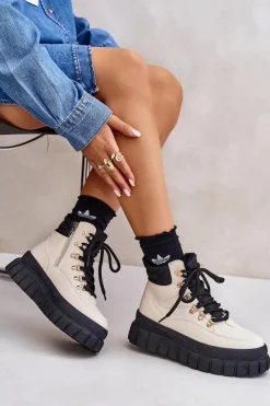 Discount Damskie Ocieplane Botki Trapery Na Platformie Beżowe Jelenia Damskie Damskie Trapery|Botki Sznurowane