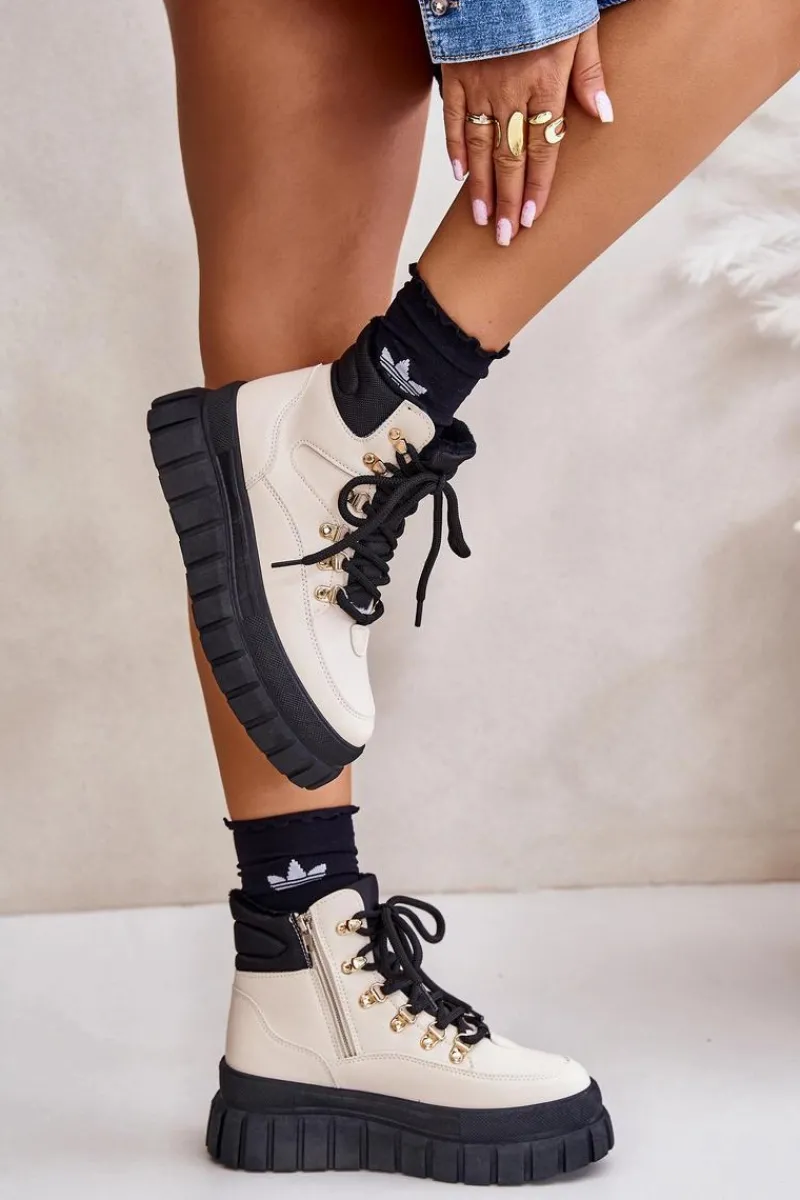 Discount Damskie Ocieplane Botki Trapery Na Platformie Beżowe Jelenia Damskie Damskie Trapery|Botki Sznurowane