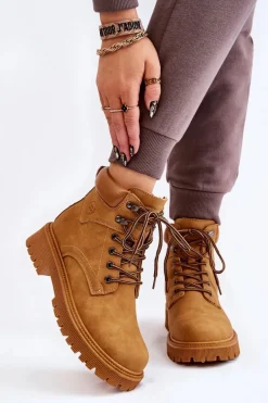 Damskie Trapery|Botki Sznurowane>Boto Damskie Ocieplane Botki Trapery Sznurowane Camel Halfway