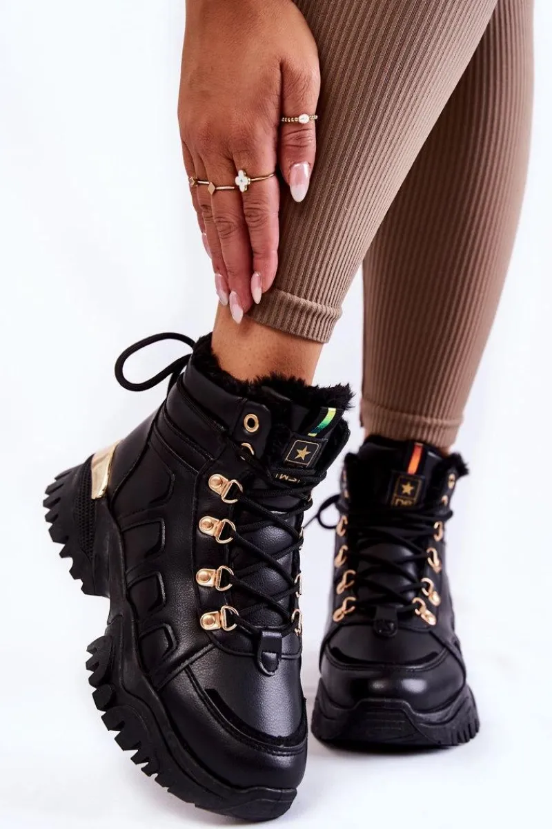Clearance Damskie Ocieplane Botki Trapery Na Platformie Czarne Ofelia Damskie Damskie Trapery|Botki Sznurowane