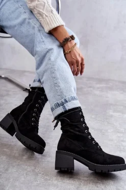Damskie Trapery|Botki Sznurowane>Boto Damskie Ocieplane Botki Trapery Na Obcasie Czarne Julieta