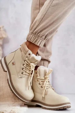 Damskie Ocieplane Botki Trapery Beżowe Liv Damskie Damskie Trapery|Botki Sznurowane