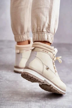 Damskie Ocieplane Botki Trapery Beżowe Liv Damskie Damskie Trapery|Botki Sznurowane