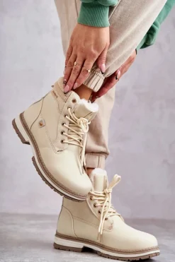 Damskie Ocieplane Botki Trapery Beżowe Liv Damskie Damskie Trapery|Botki Sznurowane