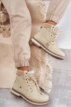 Damskie Ocieplane Botki Trapery Beżowe Liv Damskie Damskie Trapery|Botki Sznurowane