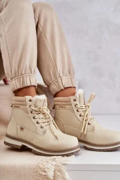 Damskie Ocieplane Botki Trapery Beżowe Liv Damskie Damskie Trapery|Botki Sznurowane