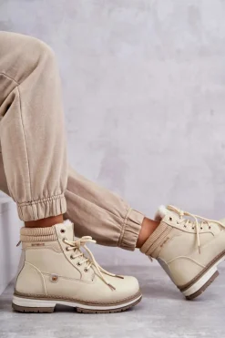 Damskie Ocieplane Botki Trapery Beżowe Liv Damskie Damskie Trapery|Botki Sznurowane