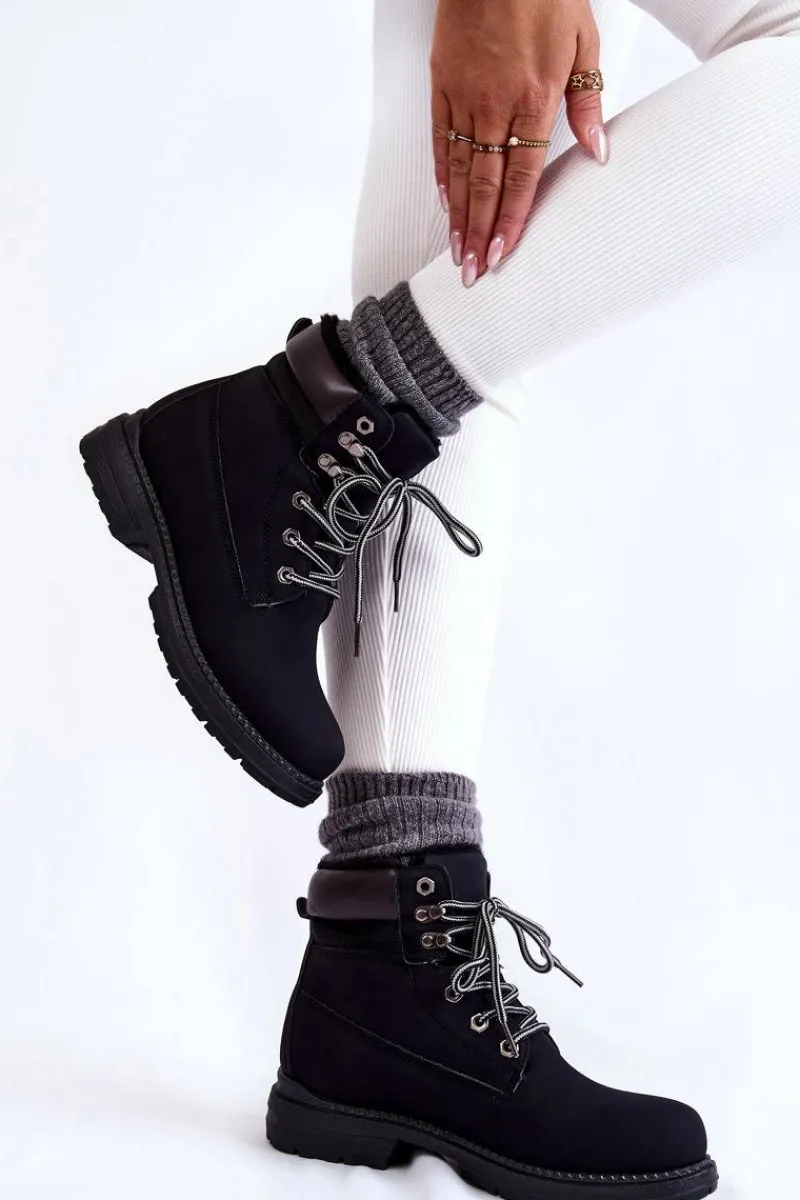 Damskie Trapery|Botki Sznurowane>Boto Damskie Ocieplane Botki Trapery Czarne Lonne
