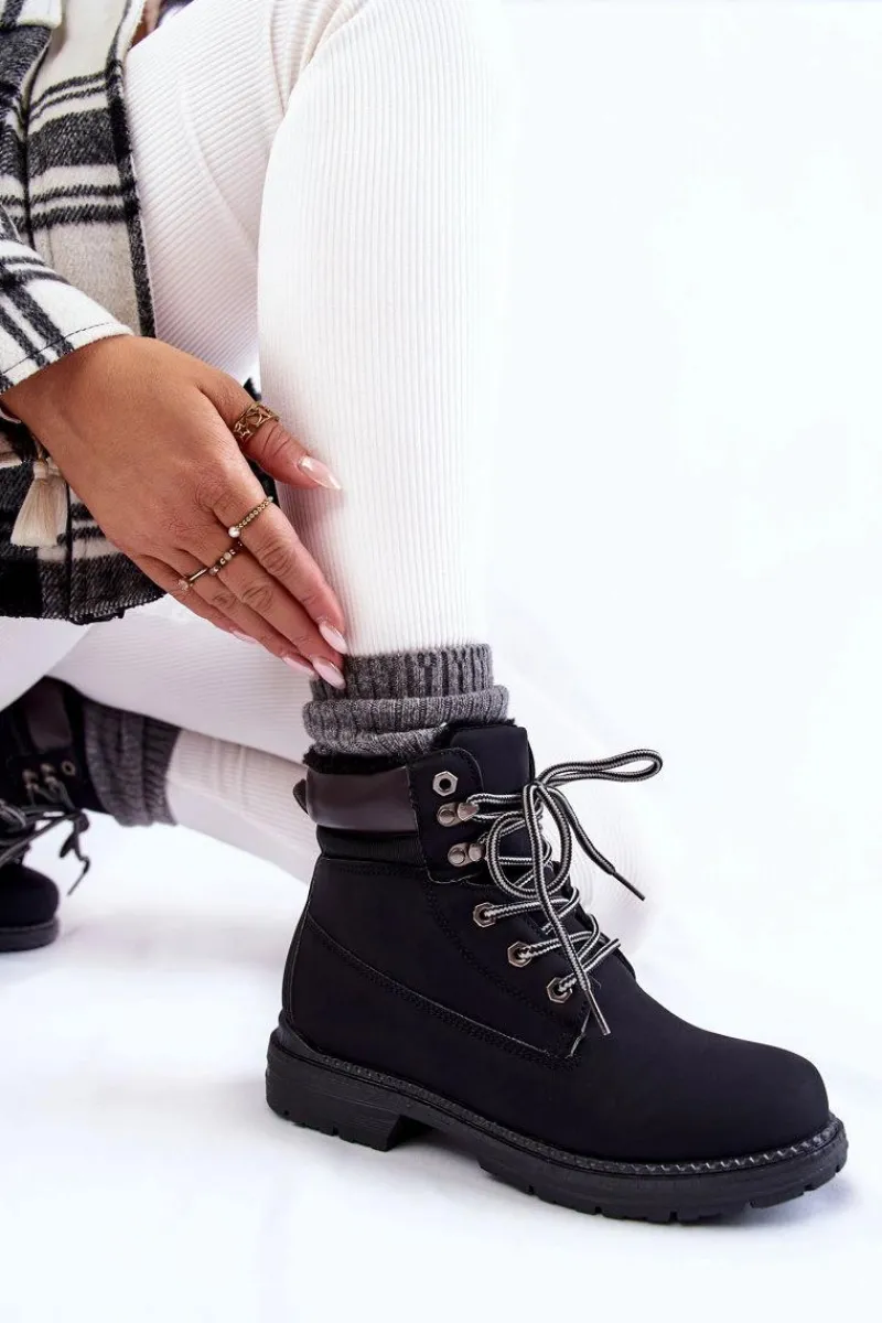 Damskie Trapery|Botki Sznurowane>Boto Damskie Ocieplane Botki Trapery Czarne Lonne