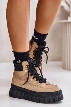 Outlet Damskie Ocieplane Botki Trapery Na Platformie Brązowe Jelenia Damskie Botki Ocieplane|Damskie Trapery