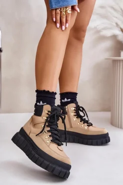 Outlet Damskie Ocieplane Botki Trapery Na Platformie Brązowe Jelenia Damskie Botki Ocieplane|Damskie Trapery