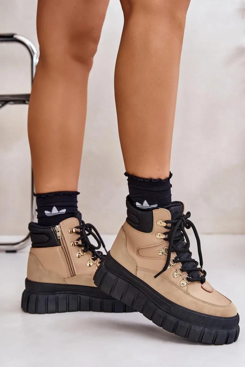 Outlet Damskie Ocieplane Botki Trapery Na Platformie Brązowe Jelenia Damskie Botki Ocieplane|Damskie Trapery