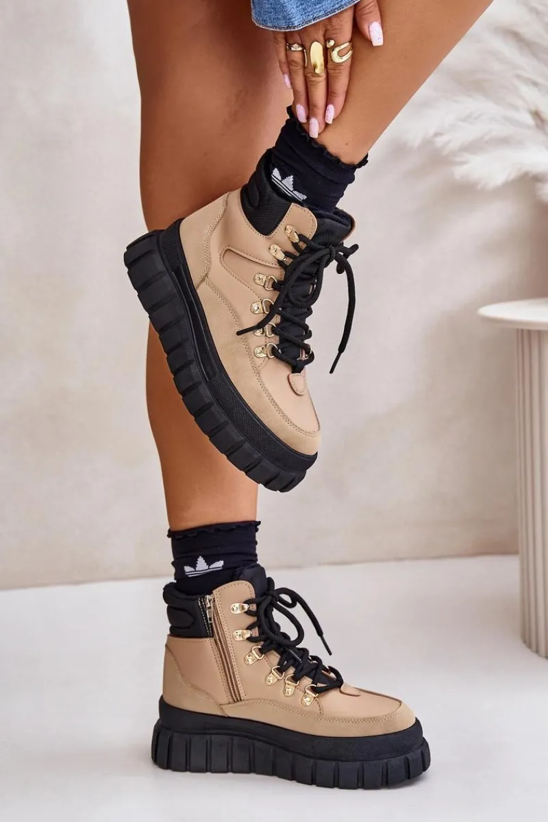 Outlet Damskie Ocieplane Botki Trapery Na Platformie Brązowe Jelenia Damskie Botki Ocieplane|Damskie Trapery