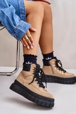 Outlet Damskie Ocieplane Botki Trapery Na Platformie Brązowe Jelenia Damskie Botki Ocieplane|Damskie Trapery