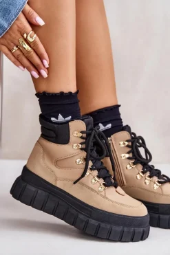 Outlet Damskie Ocieplane Botki Trapery Na Platformie Brązowe Jelenia Damskie Botki Ocieplane|Damskie Trapery