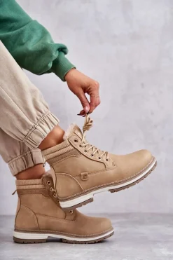 Hot Damskie Ocieplane Botki Trapery Ciemny Beż Liv Damskie Damskie Trapery|Botki Sznurowane