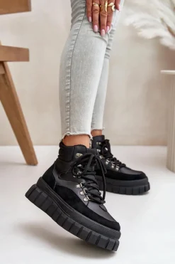 New Evento Damskie Ocieplane Botki Trapery Na Platformie Czarne Jelenia