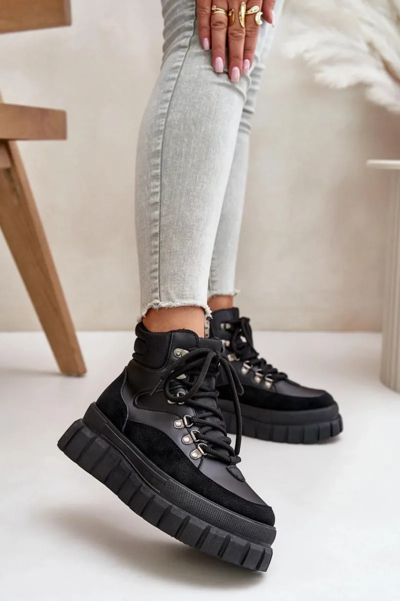 New Evento Damskie Ocieplane Botki Trapery Na Platformie Czarne Jelenia