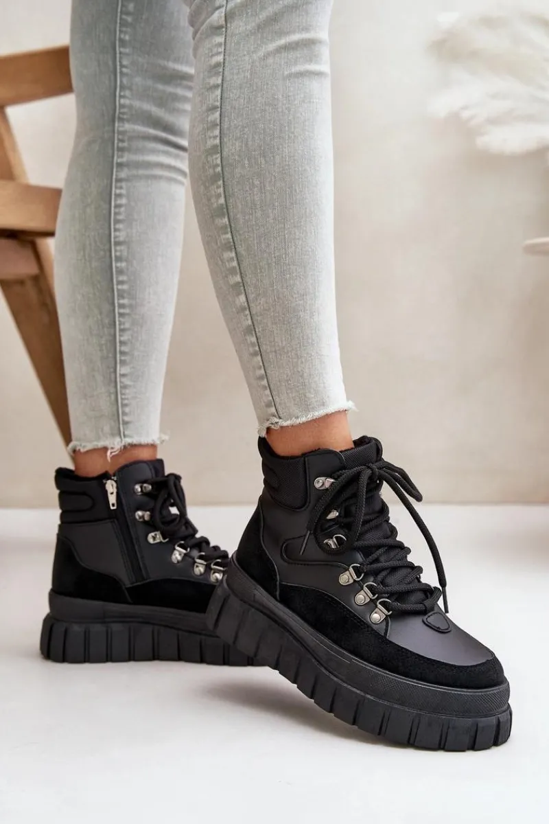 New Evento Damskie Ocieplane Botki Trapery Na Platformie Czarne Jelenia
