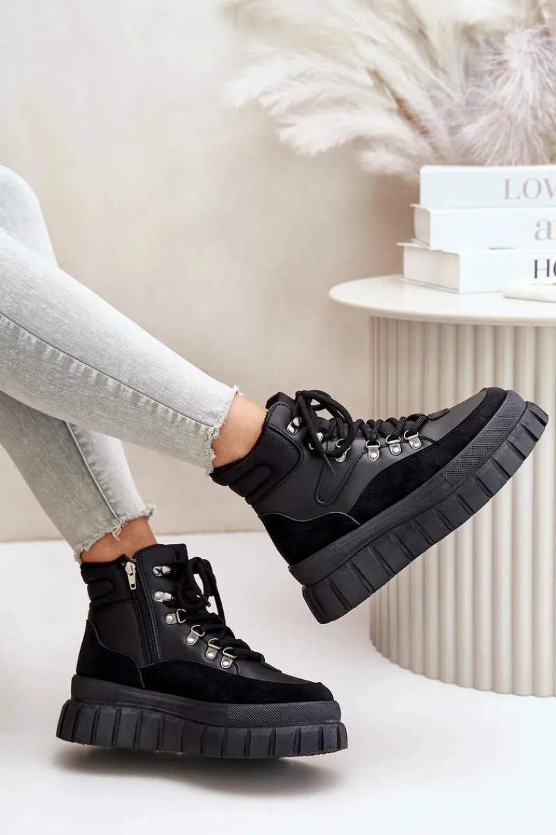 New Evento Damskie Ocieplane Botki Trapery Na Platformie Czarne Jelenia