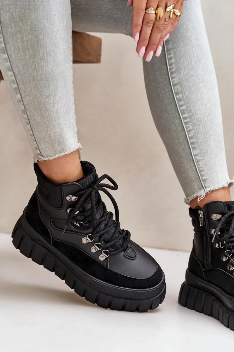 New Evento Damskie Ocieplane Botki Trapery Na Platformie Czarne Jelenia