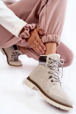 Outlet Damskie Ocieplane Botki Trapery Jasnoszare Lonne Damskie Damskie Trapery|Botki Sznurowane