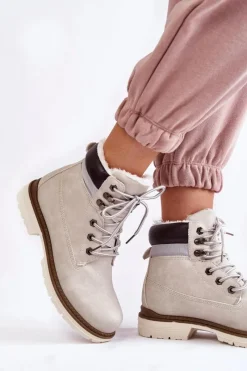 Outlet Damskie Ocieplane Botki Trapery Jasnoszare Lonne Damskie Damskie Trapery|Botki Sznurowane