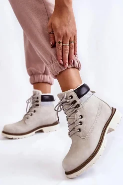 Outlet Damskie Ocieplane Botki Trapery Jasnoszare Lonne Damskie Damskie Trapery|Botki Sznurowane