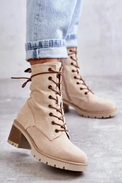 Best Damskie Ocieplane Botki Trapery Na Obcasie Beżowe Julieta Damskie Botki Ocieplane|Damskie Trapery