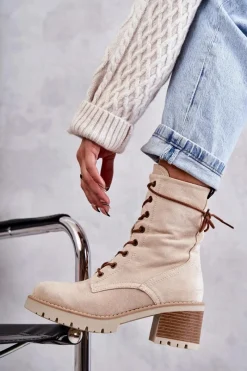 Best Damskie Ocieplane Botki Trapery Na Obcasie Beżowe Julieta Damskie Botki Ocieplane|Damskie Trapery