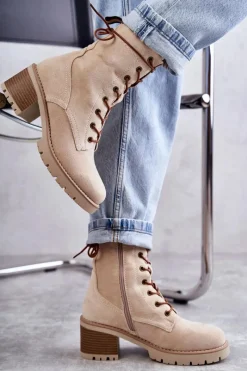 Best Damskie Ocieplane Botki Trapery Na Obcasie Beżowe Julieta Damskie Botki Ocieplane|Damskie Trapery