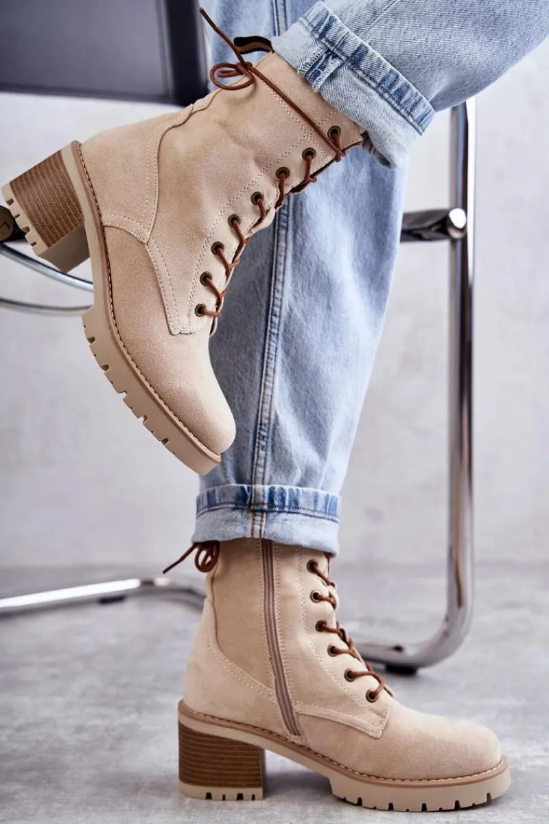 Best Damskie Ocieplane Botki Trapery Na Obcasie Beżowe Julieta Damskie Botki Ocieplane|Damskie Trapery