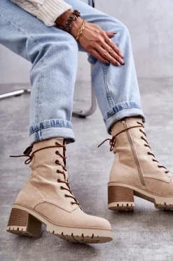 Best Damskie Ocieplane Botki Trapery Na Obcasie Beżowe Julieta Damskie Botki Ocieplane|Damskie Trapery