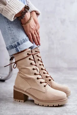 Best Damskie Ocieplane Botki Trapery Na Obcasie Beżowe Julieta Damskie Botki Ocieplane|Damskie Trapery