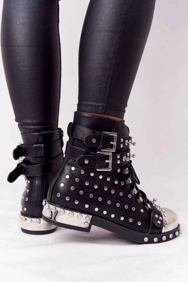 Best Damskie Ocieplane Botki Workery Z Dżetami Czarne Lu Boo Damskie Botki Sznurowane|Czarne Botki