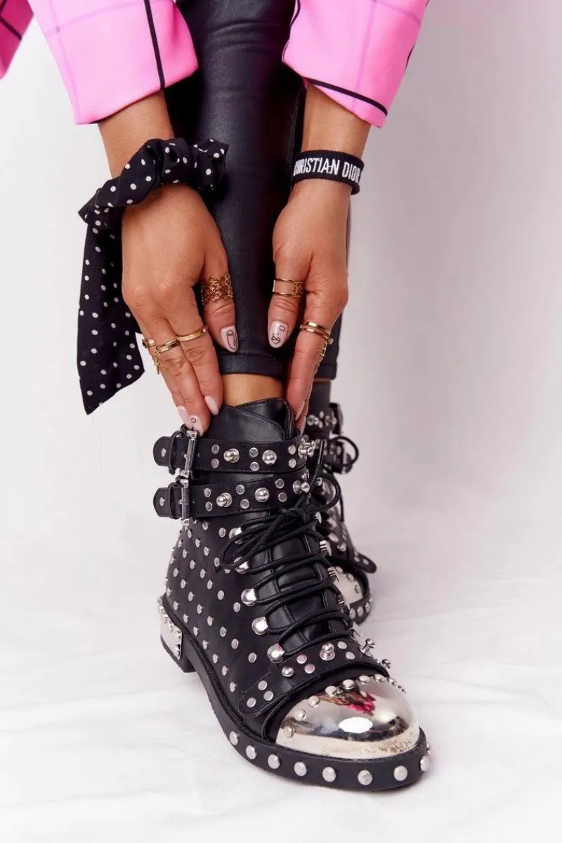 Best Damskie Ocieplane Botki Workery Z Dżetami Czarne Lu Boo Damskie Botki Sznurowane|Czarne Botki