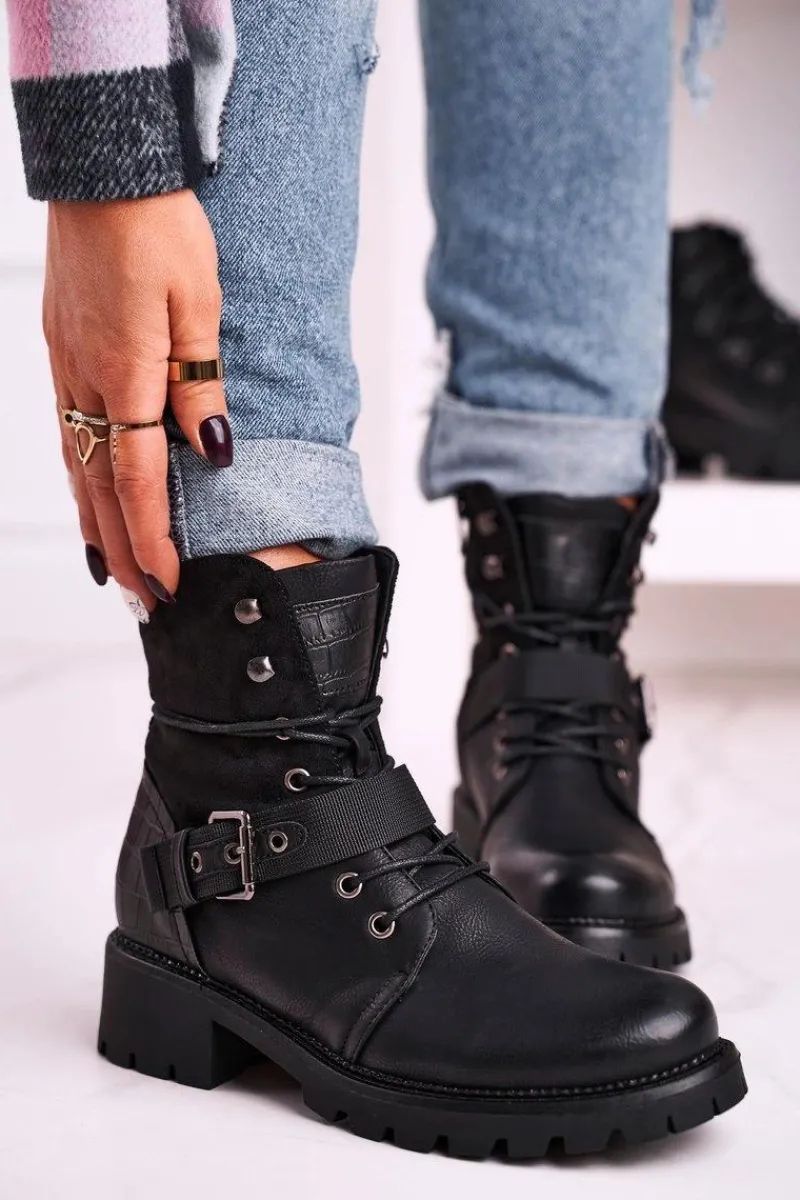 Online Damskie Ocieplane Botki Workery Czarne Strong Damskie Damskie Trapery|Botki Sznurowane