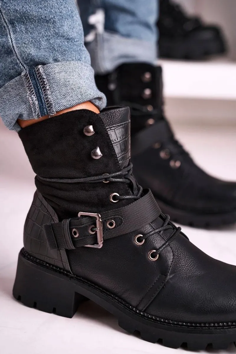 Online Damskie Ocieplane Botki Workery Czarne Strong Damskie Damskie Trapery|Botki Sznurowane