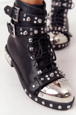 Best Boto Damskie Ocieplane Botki Workery Z Dżetami Czarne Lu Boo