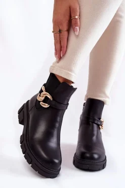 Sale Damskie Ocieplane Botki Workery Z Ozdobą Czarne Ruth Damskie Czarne Botki|Botki Zimowe Damskie