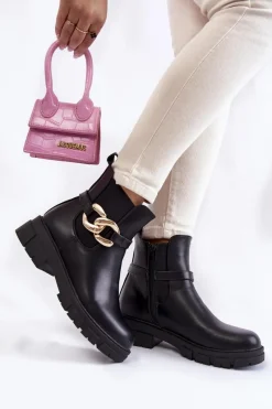 Sale Damskie Ocieplane Botki Workery Z Ozdobą Czarne Ruth Damskie Czarne Botki|Botki Zimowe Damskie