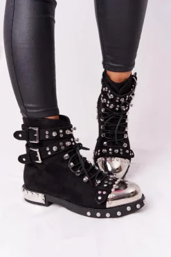 Hot Boto Damskie Ocieplane Botki Workery Z Dżetami Zamszowe Czarne Lu Boo