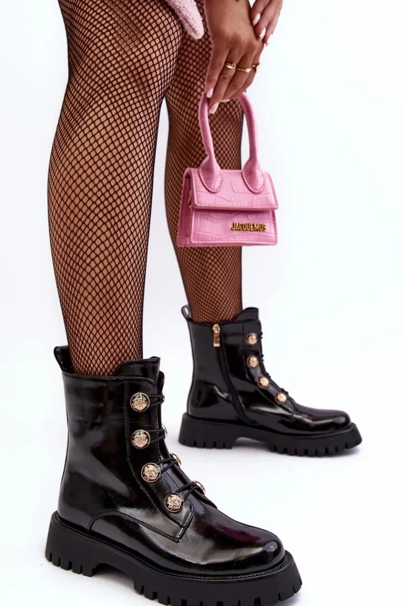 Botki Ocieplane|Botki Zimowe Damskie>Damskie buty S.Barski Damskie Ocieplane Botki Z Ozdobnymi Guzikami D&A MR870-51 Czarne Czarny