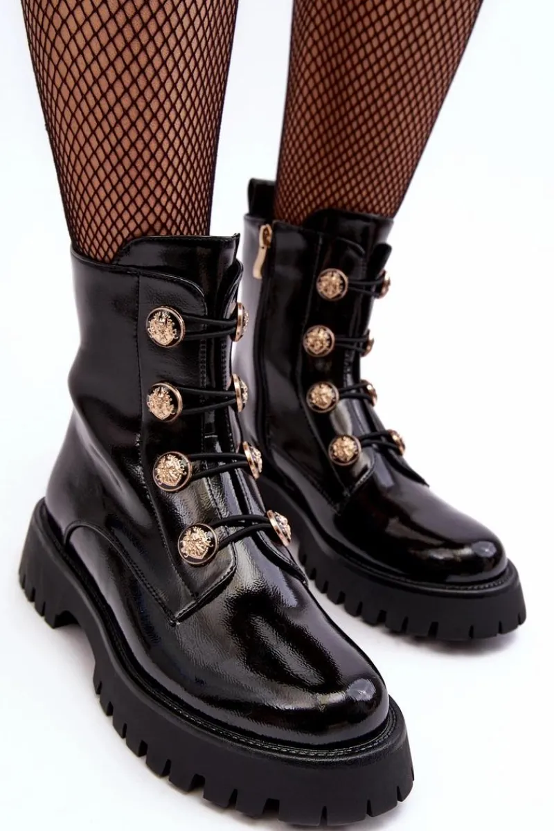 Botki Ocieplane|Botki Zimowe Damskie>Damskie buty S.Barski Damskie Ocieplane Botki Z Ozdobnymi Guzikami D&A MR870-51 Czarne Czarny